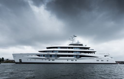 Superyacht GALINNA on water outside outfitting facilities