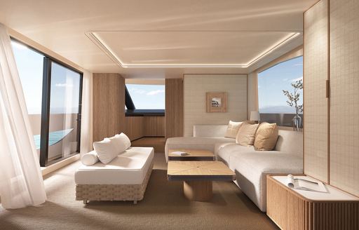 The salon aboard the Azimut Seadeck 7 utilizes neutral tones for a calming experience