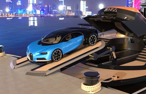 CGI of Bugatti on Xenos superyacht, driving off of bridge onto land