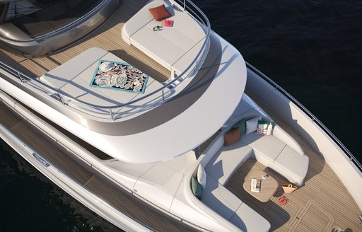 The X80's flybridge has sunpads and, aft, a communal area with sofas.