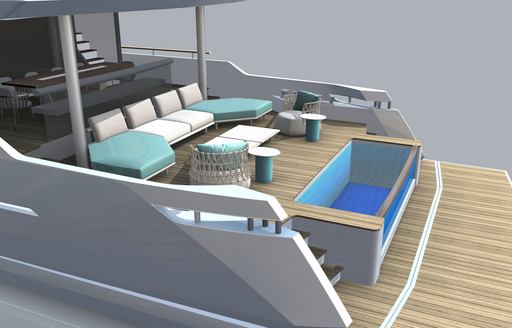 Aft deck option rendering of Numarine 40MXP, exterior lounge area with infinity pool.