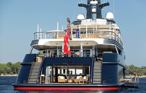 Beach club onboard Superyacht TRANQUILITY. Chairs visible on folded down transom.