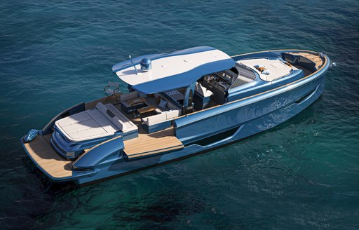 Side view rendering of the Solaris Power 52 Open surrounded by sea.