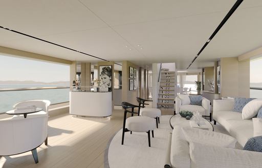 Main salon onboard Benetti B.YOND 37m. Sofa and armchairs on starboard side with extra seating to port in front of expansive glazing.