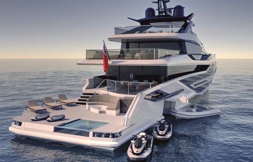 Aft view rendering of Sunseeker Ocean 460. Small infinity pool visible with jet skis adjacent to the superyacht. 