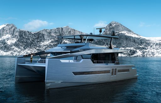 Rendering of Alva Yachts OE60, surrounded by sea and glaciers in background