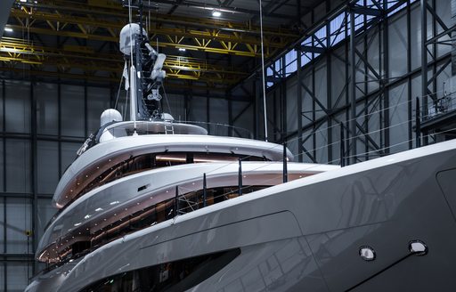 Feadship superyacht FAITH in construction shed pre launch