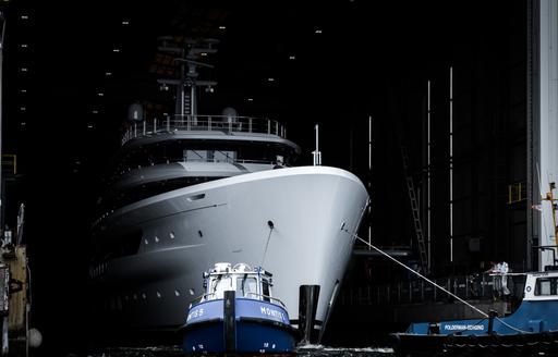 Superyacht GALINNA emerging from outfitting facilities