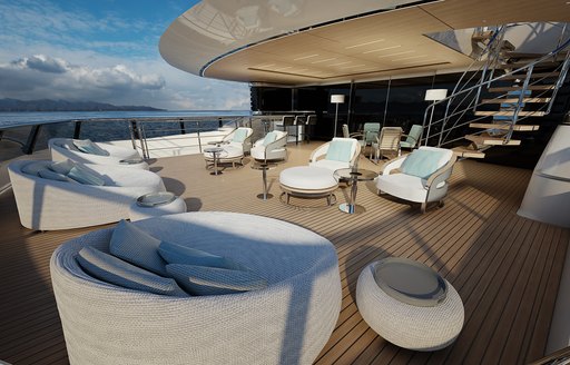 ISA Continental 80 on spec superyacht sundeck teak decking with comfortable seating in sun