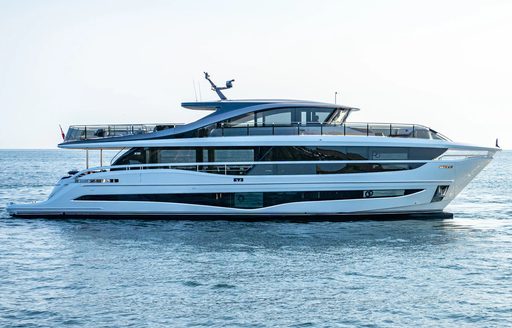 Princess X95 Vista motor yacht running shot, calm water, clear day, starboard side profile