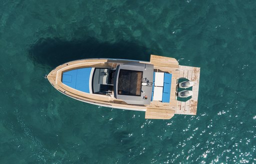 A top-down shot of the Fiart Seawalker 35 with its folding gunwhales shown