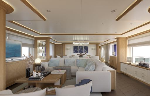 Large sofa in main salon on explorer yacht Seven Seas