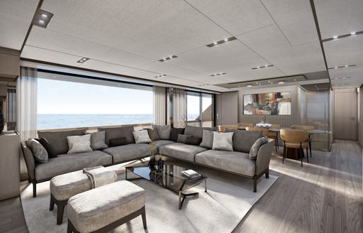 Spacious interiors on Ferretti 1000 Yachts with expansive glass windows and comfortable seating