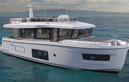 Beneteau Swift Trawler 54 render image, above water level image of starboard bow and side profile in calm waters