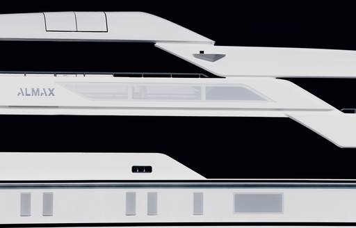 A zoomed in side shot of Sanlorenzo superyacht ALMAX's sleek lines 