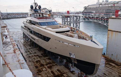 Frontal view of motor yacht Rilassata at the docks