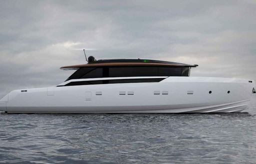 Sanlorenzo SP92 shown from water level full starboard side profile, calm sea grey day