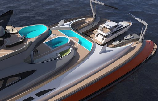 CGI of Prodigium Concept showing decks and yacht in dock