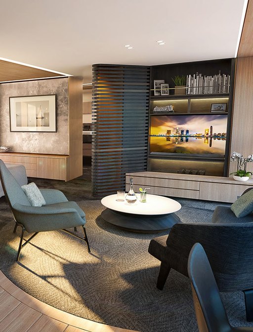 rendering of a grey chair facing a TV and circular coffee table in the skylounge aboard the 161 Sunseeker yacht