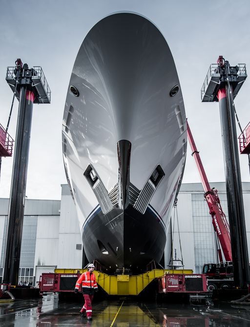 Amels 200 emerging from outfitting shed