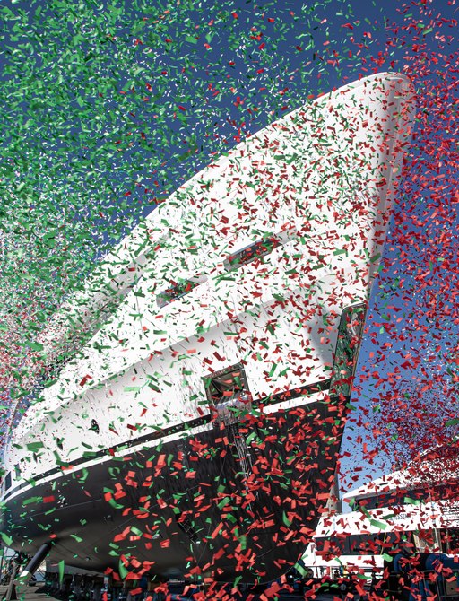 Bow of the Benetti B.Now 50m Oasis during launch ceremony, sprayed with confetti.