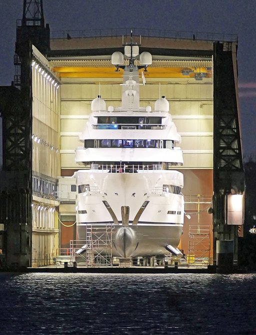 Frontal view of Lurssen 'Project Hawaii' docked at shipyard