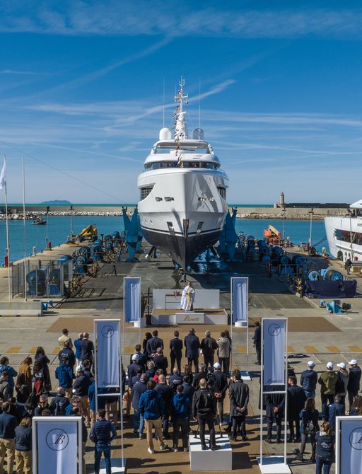 Forward view of Benetti B.Now 50m Oasis in dock during launch ceremony.