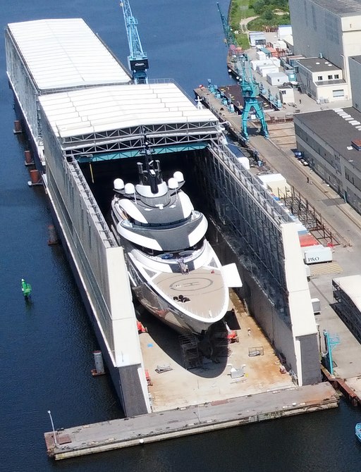 Superyacht ENZO in floating dry dock in Germany