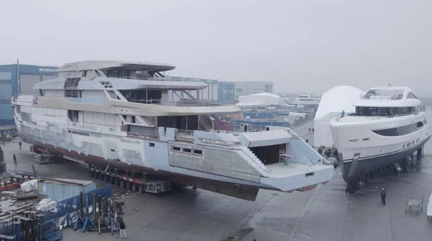 Amer 74 Steel flagship superyacht enters outfitting phase at Pisa Navicelli