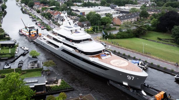 Watch Valor Depart Aalsmeer as the Feadship 80m Explorer Yacht Prepares for Sea Trials