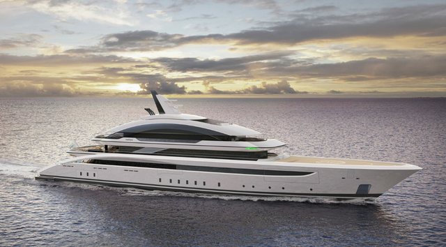 A render of Oceanco Project VOLARE in white out at sea