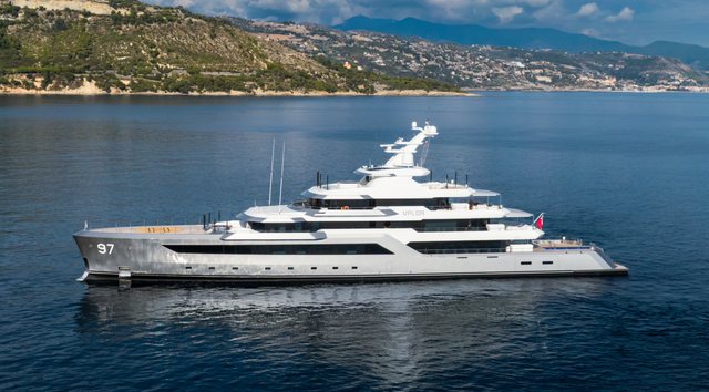 Feadship superyacht Valor at anchor side view 
