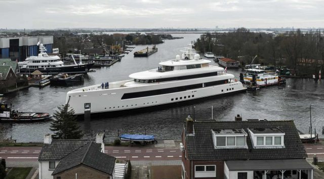 Feadship Project 823 emerges from Kaag construction shed