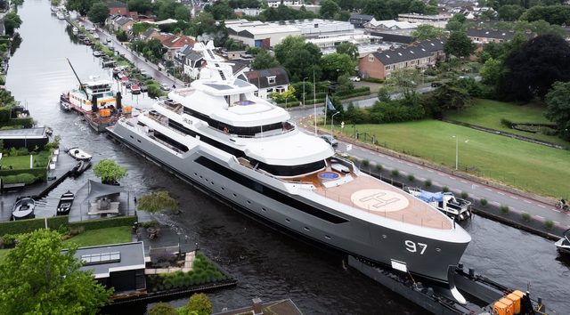 Watch Valor Depart Aalsmeer as the Feadship 80m Explorer Yacht Prepares for Sea Trials