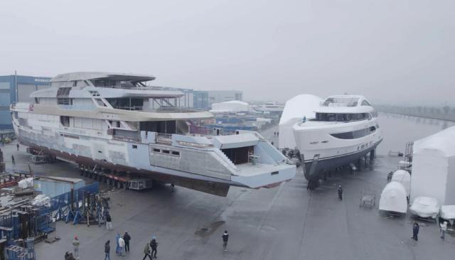 Amer 74 Steel flagship superyacht enters outfitting phase at Pisa Navicelli