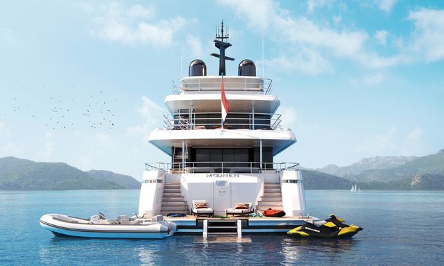 Ad Astra yacht Extended swim platform with integrated Z-lift stairs