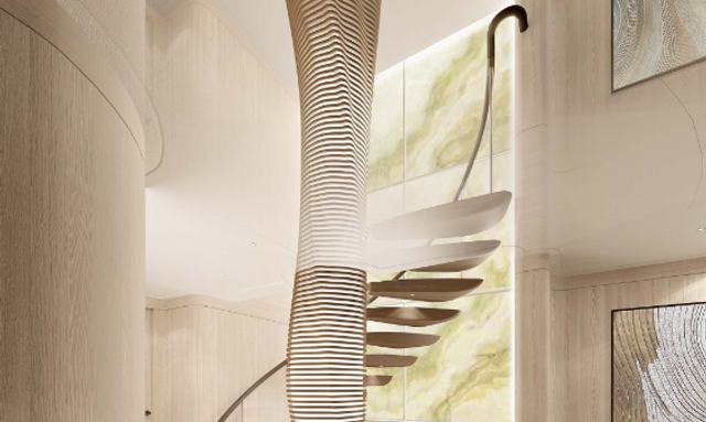 QU2 yacht Spiraling Sculptural Staircase
