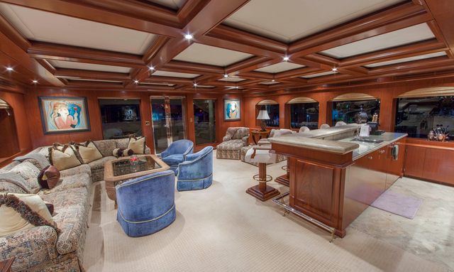 Relentless yacht Main salon with integrated marble bar