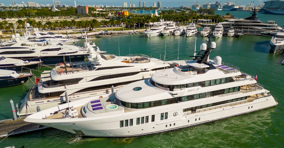 Superyachts for sale berthed at the Miami International Boat Show