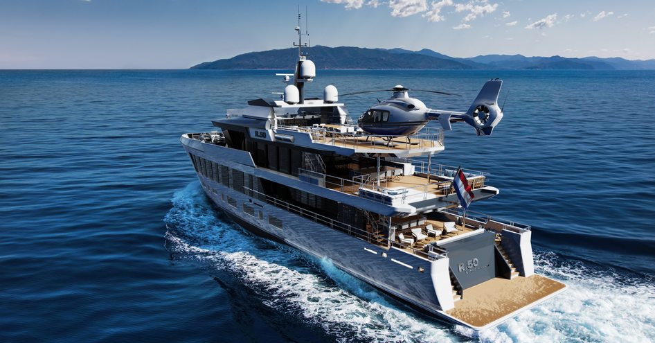 CGI of aft view of Diana R.50 superyacht with helicopter landing