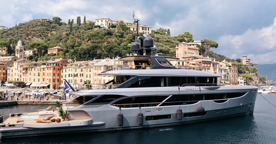 Benetti Oasis 40 at anchor in Portofino during debut, surrounded by Italian infrastructure and sea