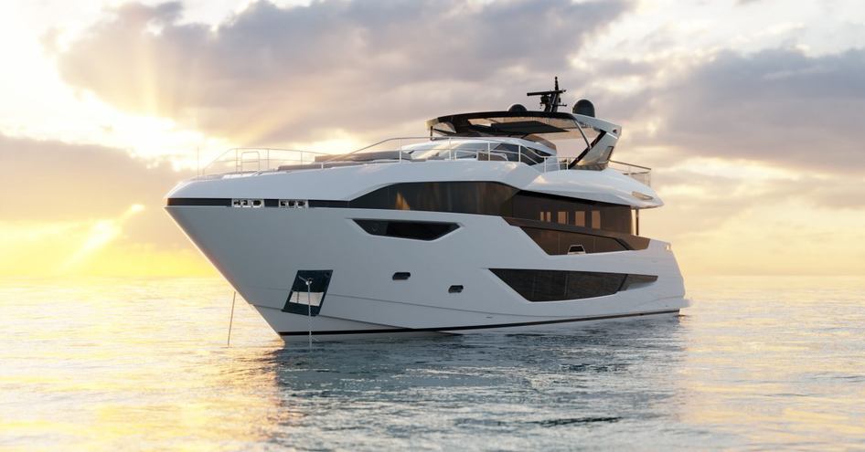 Sunseeker 100 Yacht at anchor, surrounded by sea.