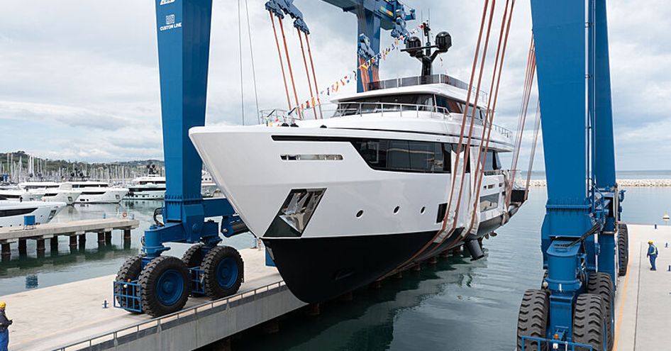 Lady G superyacht being lowered into water