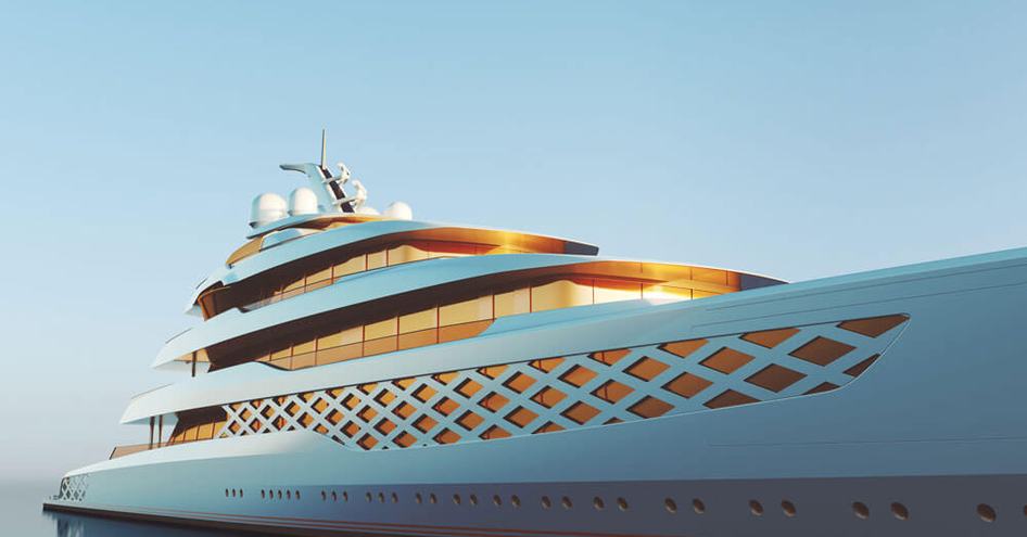 Feadship 'Project FG' side view, looking at diamond detailing across hull, surrounded by sea