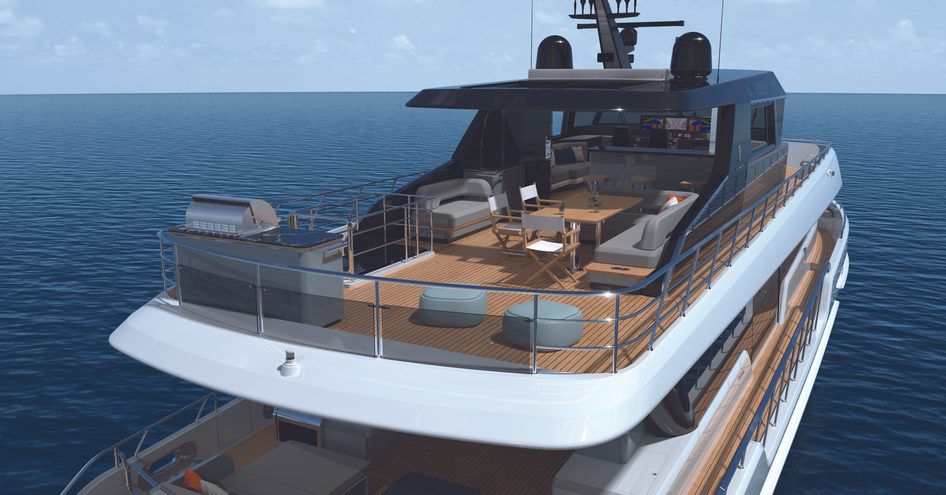 Rendering of top deck of CLX96 with sunpads and covered seating