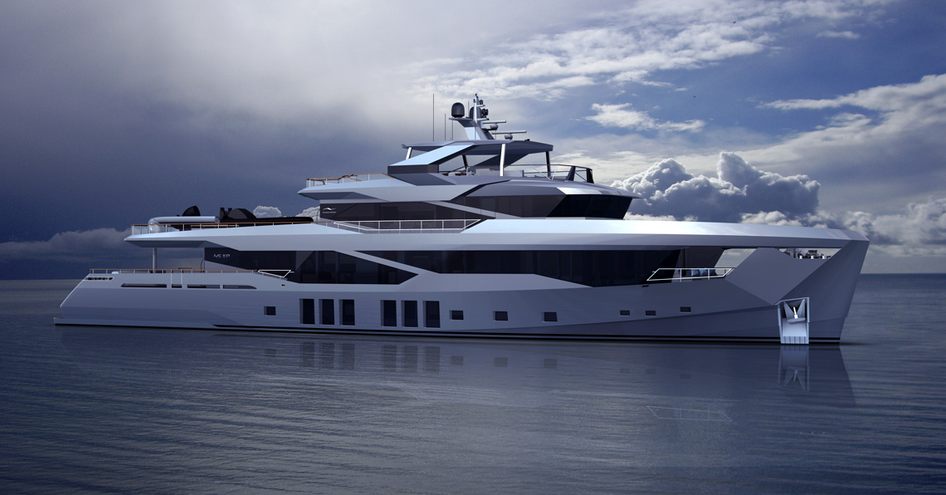 Side view Numarine 45XP rendering, explorer style yacht out at sea.