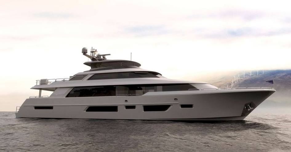 rendering of luxury yacht westport 112, dark colors and gray water