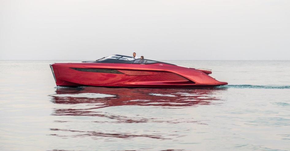 Side view of Princess R35 underway, Owner and guest enjoying views of sea.