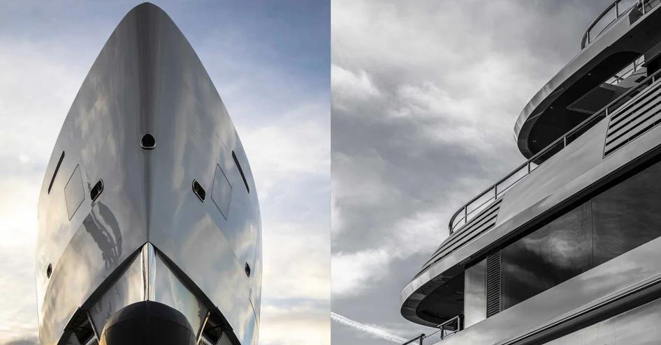 Close up dual image of Benetti FB283, left hand side shows image looking up underneath bow of the superyacht, right hand image show upward angle of aft superstructure.