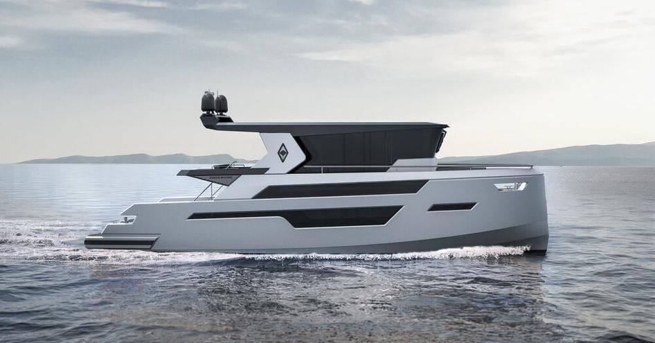 Side view rendering of Alva Yachts Eco Cruise 50 underway, surrounded by sea with land in far distance